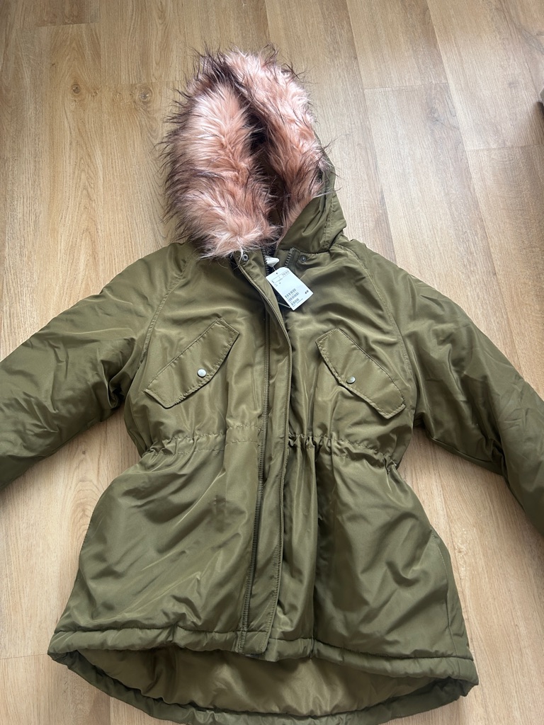 H&M Olive Green Puffer Parka With Pink Faux-Fur Hood